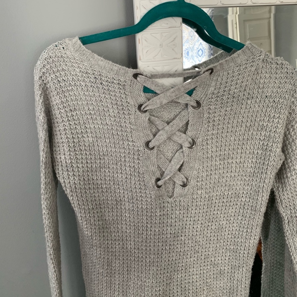 Gray lace up sweater